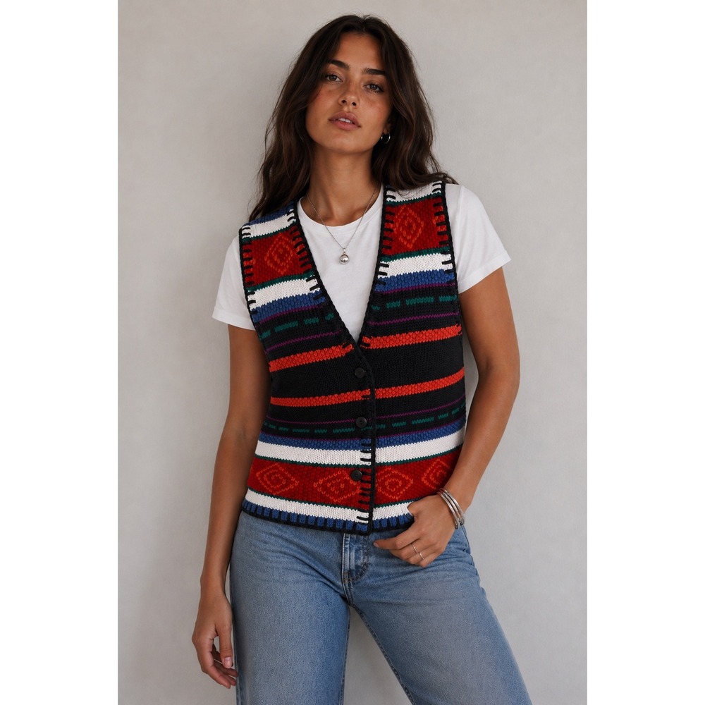 Vintage 90s 62 East Southwestern Ramie Cotton Knit Sweater Vest Medium